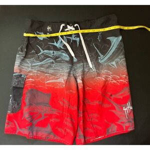 Guy Harvey Mens Board Shorts Fish Print Red Black Size 34 Swim Trunks